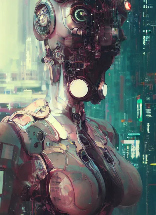 Prompt: surreal illustration, by yoshitaka amano, by ruan jia, by conrad roset, by Kilian Eng, by good smile company, detailed anime 3d render of a female mechanical android, portrait, cgsociety, artstation, modular patterned mechanical costume and headpiece, cyberpunk atmosphere