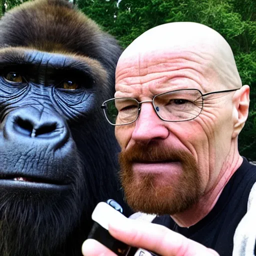 Image similar to walter white taking a selfie with a gorilla