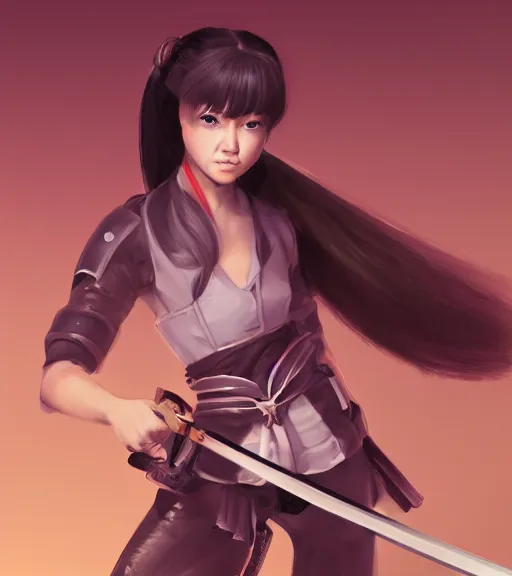 Image similar to a girl holding a katana, ponytail, highly detailed, digital painting, artstation, concept art, smooth, sharp focus, kunoichi, illustration