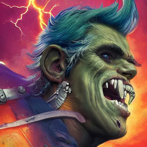 Prompt: detailed photo of a Half-orc bard portrayed by Gary Busey, 8k,by Tristan Eaton, Stanley Artgermm, Tom Bagshaw, Greg Rutkowski, Carne Griffiths, trending on DeviantArt, face enhance, hyper detailed ,full of color, dramatic lightning, epic stance