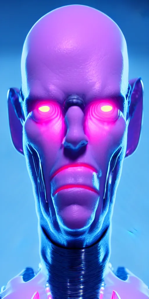 Image similar to 3d octane close-up high quality render of gothic cyborg man with white hair and pearlescent pink skin key sage wayne barlowe very soft blue neon lighting on one side wide angle 35mm shallow depth of field 8k