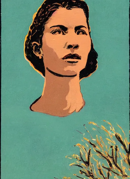 Image similar to an extreme close - up portrait of a sister in a scenic representation of mother nature and the meaning of life by billy childish, thick visible brush strokes, shadowy landscape painting in the background by beal gifford, vintage postcard illustration, minimalist cover art by mitchell hooks