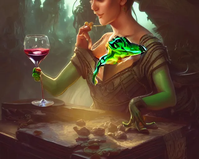 Image similar to photography of princess frog drinking wine, d & d, fantasy, intricate, elegant, highly detailed, digital painting, artstation, concept art, matte, sharp focus, illustration, hearthstone, art by artgerm and greg rutkowski and alphonse mucha