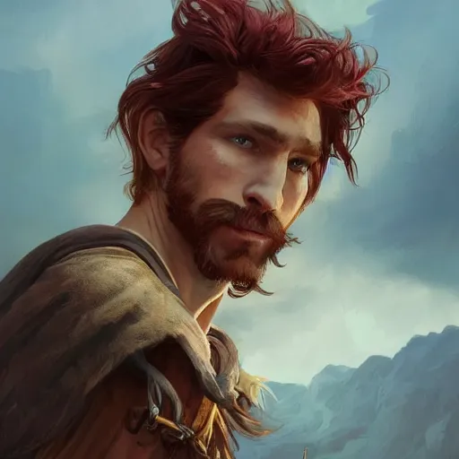 Image similar to portrait of a young ruggedly handsome but joyus pirate, male, masculine, upper body, red hair, very long hair, d & d, fantasy, intricate, elegant, highly detailed, digital painting, artstation, concept art, matte, sharp focus, illustration, art by artgerm and greg rutkowski and alphonse mucha