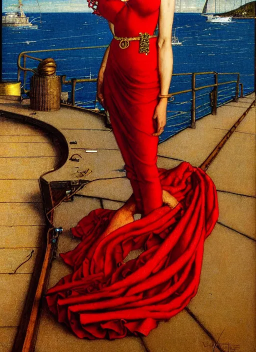 Image similar to a fancy beautiful young lady standing on a wharf at the edge of the sea, very tight gold chain belt, stylish heels, beautiful hair, red dress, by brom and gil elvgren and jean delville and william blake and norman rockwell and michael whelan, crisp details, hyperrealism, high detail, high contrast, low light