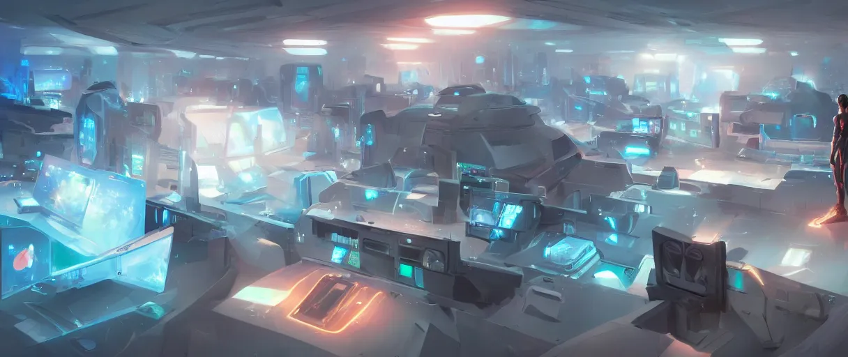 Image similar to futuristic computers in a room with holograms of screens, figure facing towards it, futuristic, concept art, matte painting, digital art, high detail, trending on art station, style of jordan grimmer