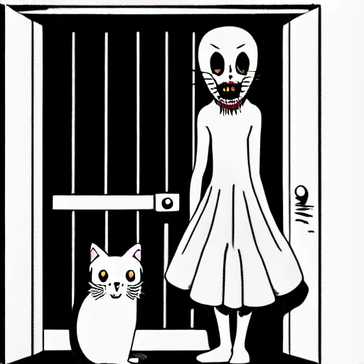 Image similar to illustration of a cat meowing in front of a door. creepy horror by Junji Ito.