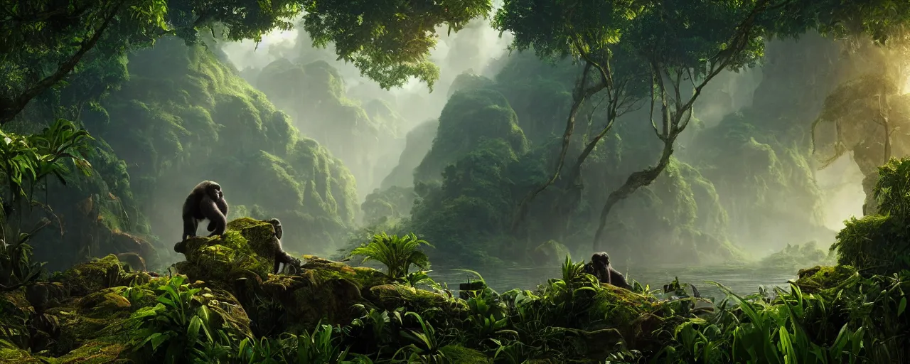 Image similar to gorilla in the jungle, beautiful dynamic lighting, cinematic, wide angle establishing shot, extremely high detail, photo realistic, cinematic lighting, post processed, concept art, artstation, matte painting, style by frederic church, raphael lacoste, unreal engine 8 k