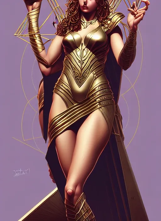 Prompt: greek goddess of geometry thalia, front game card, marvel comics, dark, intricate, highly detailed, smooth, artstation, digital illustration artgerm