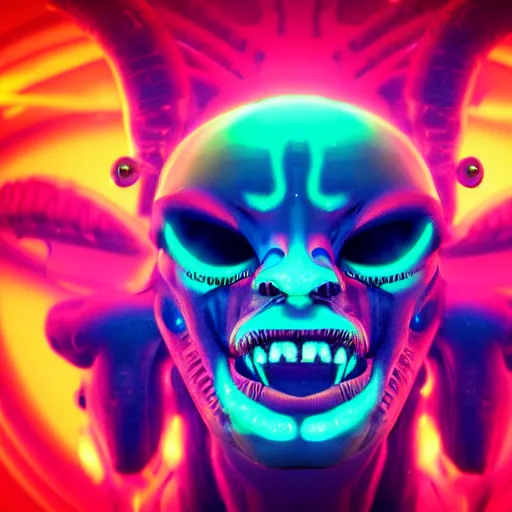 Image similar to synthwave demonic alien face with neon tattos, detailed face, sharp focus, synthwave art, aesthetic, octane render, raw, cinematic, colorful