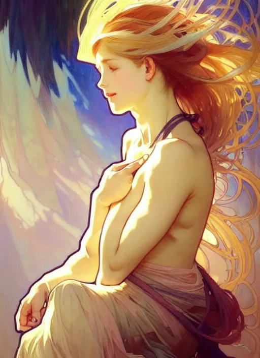 Image similar to a digital concept art by artgerm and greg rutkowski and alphonse mucha. clear portrait of a young wife blessed by god to uncontrollably become overwhelmingly perfect!! blonde, clothes, sit on heels!! light effect. hyper detailed, character concept, glowing lights!! intricate, elegant, digital painting, artstation, smooth, sharp focus