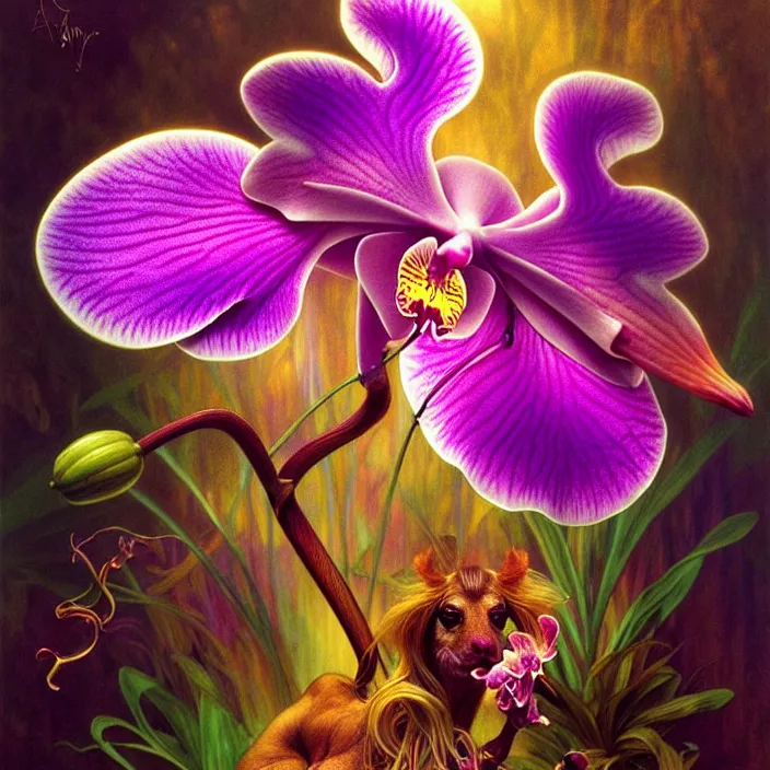 Prompt: psychedelic orchid animal, diffuse lighting, fantasy, intricate, elegant, highly detailed, lifelike, photorealistic, digital painting, artstation, illustration, concept art, smooth, sharp focus, art by John Collier and Albert Aublet and Krenz Cushart and Artem Demura and Alphonse Mucha