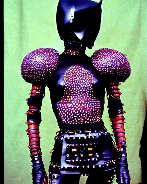 Image similar to portrait of a skinny punk goth yayoi kusama wearing armor by simon bisley, john blance, frank frazetta, fantasy, thief warrior, colourful fur!!