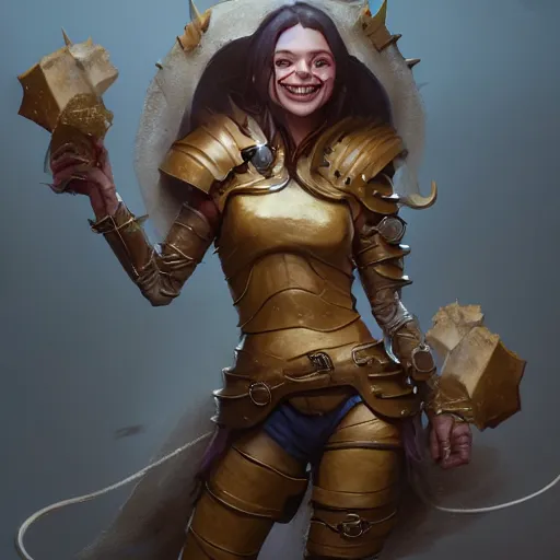 Prompt: a female rat girl with seductive smile, wears a chees armor, by greg rutkowski, design for magic the gathering, highly detailed, octane render, 4 k