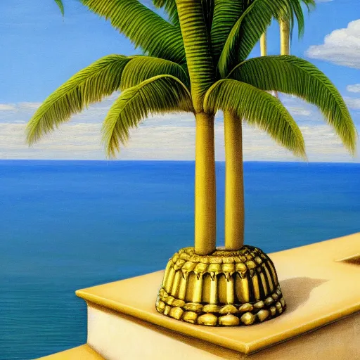 Image similar to a ultradetailed beautiful painting of the amazonas palace balustrade designed by edward robert hughes, tarsila do amaral, frank weston and gustave baumann, beach, trending on artstation, mediterranean, palm trees, detailed face, sharp focus, soft light, 8 k 4 k