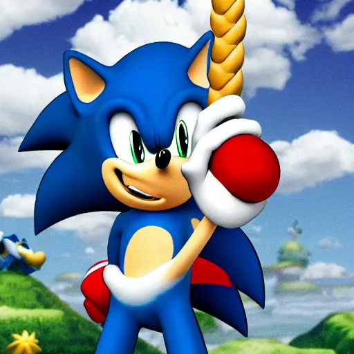 Image similar to sonic the hedgehog, running on a cloud, with a unicorn on his head