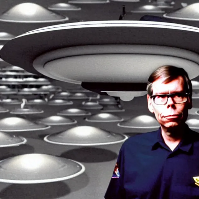 Image similar to a photo of bob lazar with a hangar full of flying saucers at area 5 1, detailed symmetrical face, photorealistic, highly detailed