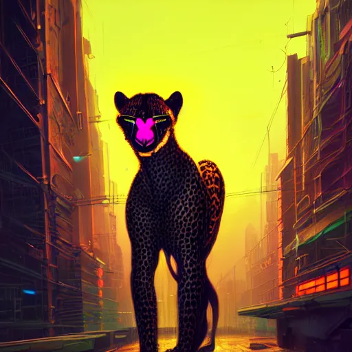 Image similar to a beautiful commission portrait of a male anthro cheetah wearing a neon jacket,futuristic,detailed face,mohawk,cyberpunk city,deviantart,artstation,art by greg rutkowski,ross tran,professional lighting,neon city,night,raytracing,highly realistic,4k,dramatic,hyperrealism