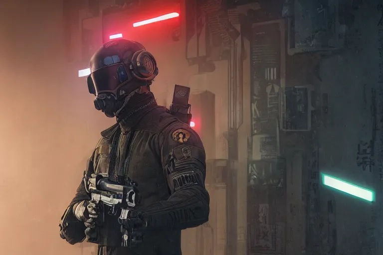 Image similar to soldier standing in murky water dark. cyberpunk soldier helmet mecha armor black matte angular armor white Chinese writing. Holding AR-15 rifle black. Bladerunner 2049 ((Cyberpunk2077))