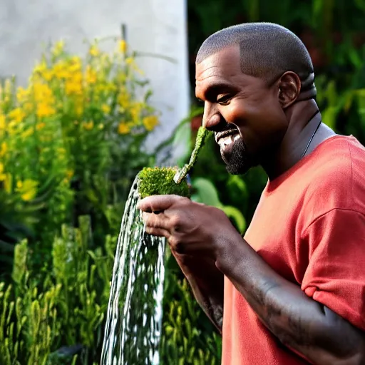 Image similar to Kanye West watering plants in a garden with a smile on his face, 8km, realistic, sharp, high details, detailed