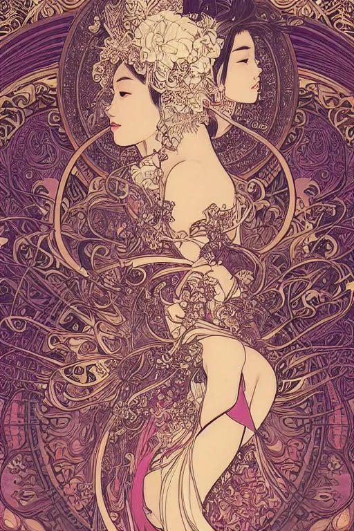 Image similar to beautiful and detailed digital illustration of thai princess by kittichai rueangchaichan, floralpunk, Artstation, art nouveau aesthetic, Alphonse Mucha background, intricate details,concept art, realistic, dramatic, detailed intricate ink illustration, heavenly atmosphere