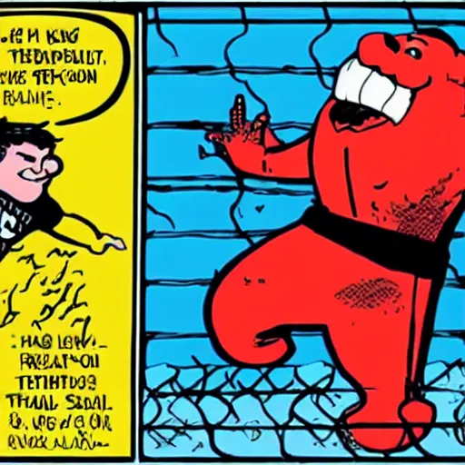 Prompt: The Kool-Aid Man breaking out of a Supermax Prison, comic book art