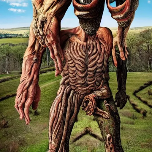 Image similar to a giant with a faceless head full of growths that are people sticking out in all directions as the giant stomps over the countryside grotesque body horror hyperreal cinematic gross uncanny anatomy