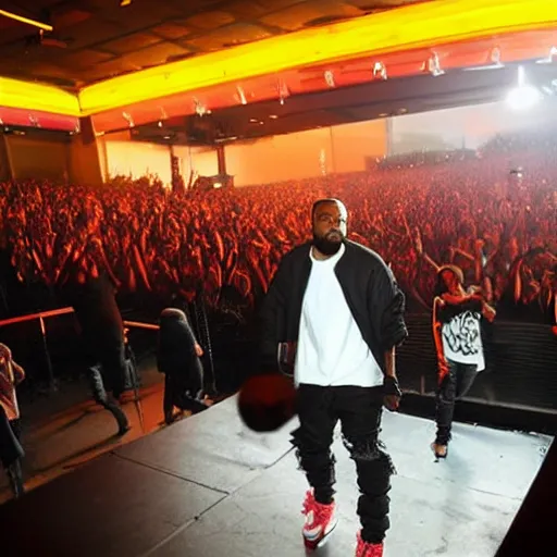 Image similar to kanye west performing a concert inside a mcdonalds