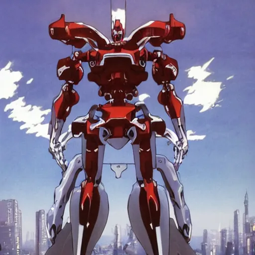 Prompt: anime screenshot of a sleek, slender, human - scale mecha suit defending the city streets, designed by hideaki anno, drawn by tsutomu nihei, and painted by zdzislaw beksinski