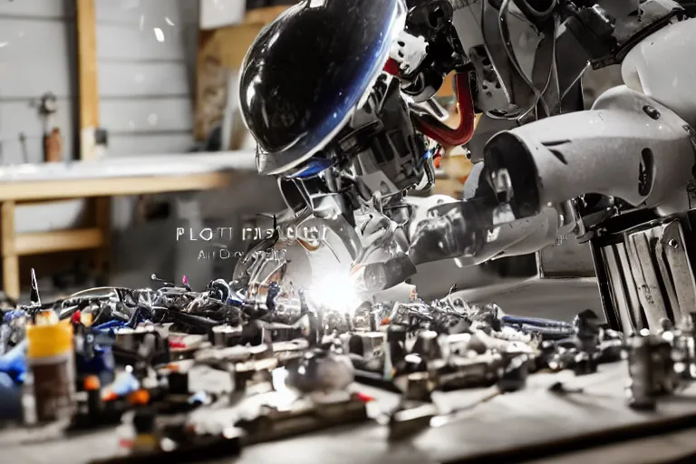 Image similar to cinematography closeup portrait of a Man soldering repairing robot parts in his garage by Michael Bay