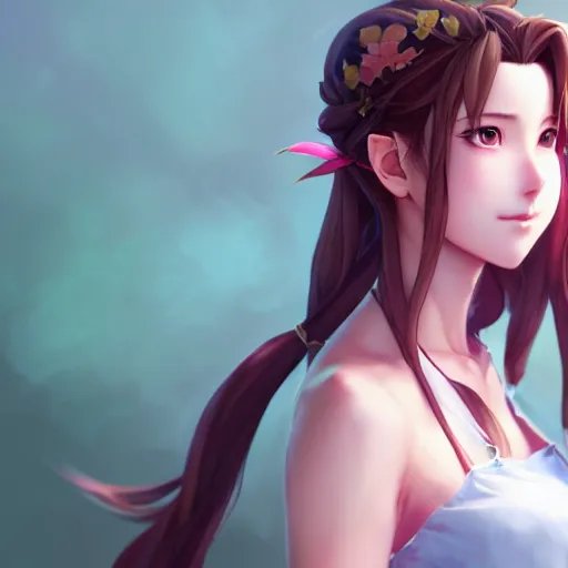 Image similar to full body shot of aerith gainsborough by WLOP, rossdraws, Logan Cure, Mingchen Shen, BangkuART, sakimichan, yan gisuka, JeonSeok Lee, zeronis, Chengwei Pan on artstation