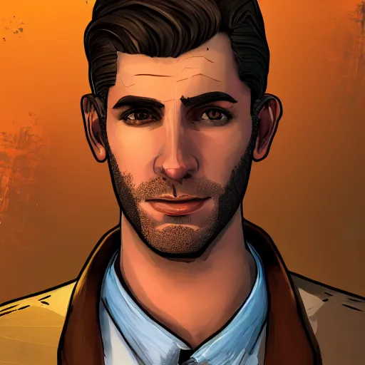 Image similar to a blond young clean shaven spanish man portrait, borderlands, tales from the borderlands, the wolf among us, comic, cinematic lighting, studio quality, 8 k