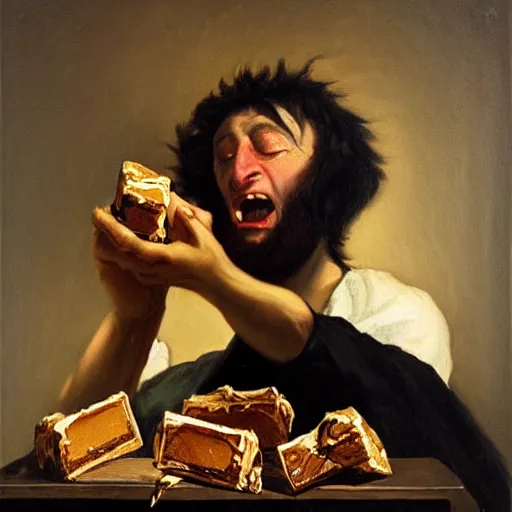 Image similar to saturn devouring a snickers chocolate bar, goya painting, in the style of goya and greg rutkowski, in the style of black paintings, 8 k, highly realistic