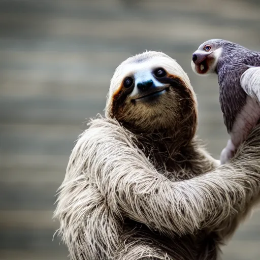 Image similar to sloth killing a pigeon with cute face, aggressive sloth fighting a muscled pigeon, best photo award, high quality 8 k, cinematic lighting