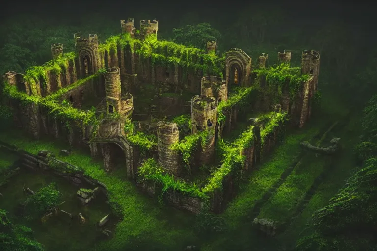 Prompt: giant ancient castle in an forest with some ivy plants on the walls, cinematic, epic, dramatic lighting from above, dark, vines, fantasy, dust, unreal engine, octane, highly detailed, concept art, dark, super realistic