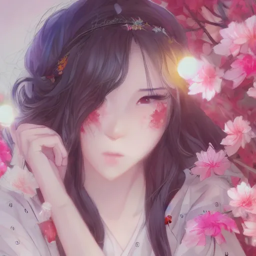 Prompt: realistic beautiful gorgeous natural cute drunk blushed girl in kimono art drawn full HD 4K highest quality in artstyle by professional artists WLOP, Taejune Kim, yan gisuka, JeonSeok Lee, artgerm, Ross draws, Zeronis, Chengwei Pan on Artstation