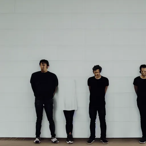 Image similar to suspects lineup in front of white wall facing the camera