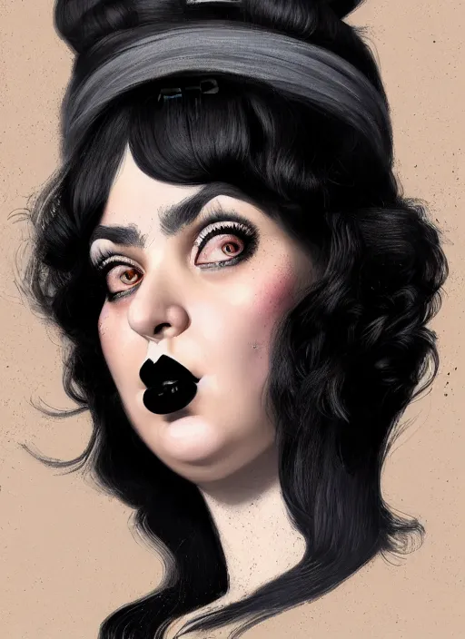 Image similar to portrait of a plump isreali woman with a crooked nose and a confident expression, 1 9 6 0 s, black clothes, goth, punk, brightly coloured hair, funk, intricate, elegant, highly detailed, digital painting, artstation, concept art, smooth, sharp focus, illustration, art by wlop, mars ravelo and greg rutkowski