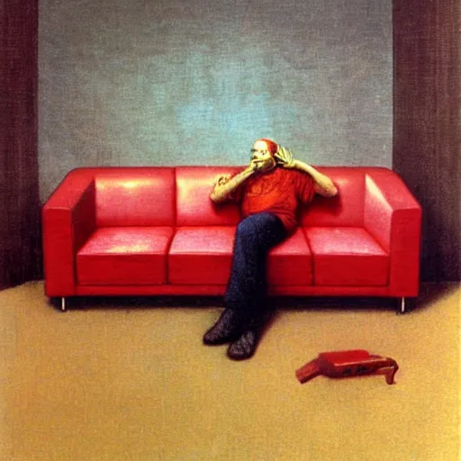 Image similar to michael myers sitting in a red sofa in an art deco living room, award - winning realistic sci - fi concept art by beksinski, bruegel, greg rutkowski, alphonse mucha, and yoshitaka amano