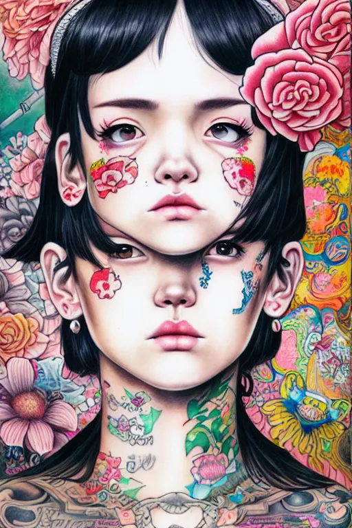 Image similar to full view of girl with tattoos wearing cowboy hat, style of yoshii chie and hikari shimoda and martine johanna, highly detailed