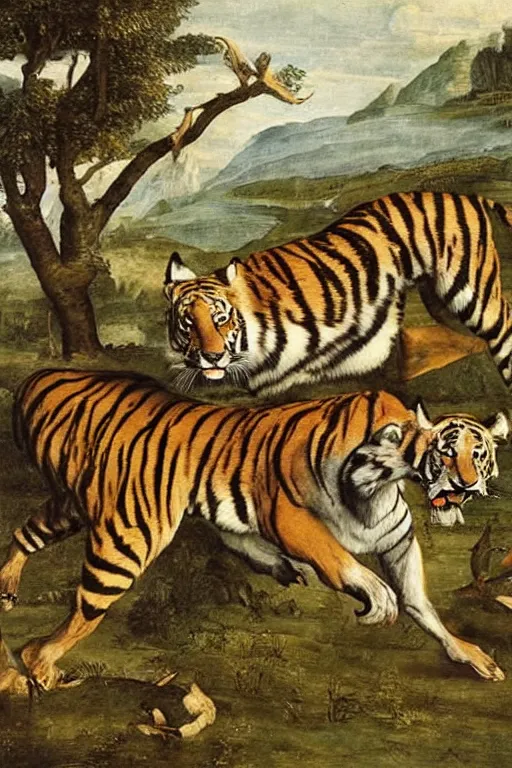 Image similar to the giant tiger hunting a deer, fantasy, renaissance