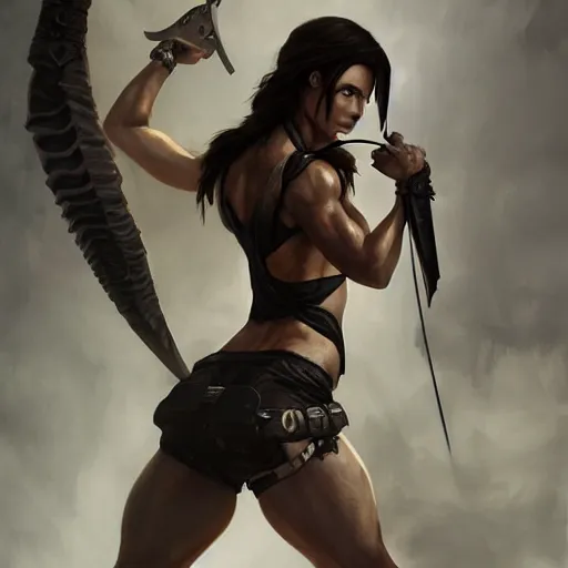 Image similar to lara croft as a female bodybuilder goth girl, fantasy, intricate, elegant, highly detailed, digital painting, artstation, concept art, matte, sharp focus, illustration, art by aenaluck and roberto ferri and greg rutkowski, epic fantasy, digital painting