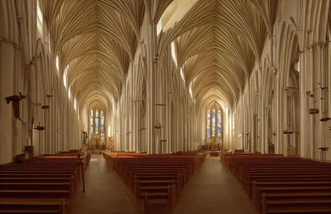 Image similar to in this church interior, vertical lines suggest spirituality, rising beyond human reach toward the heavens. low polygon count cloister quadrangle intact flawless ambrotype from 4 k criterion collection remastered cinematography gory horror film, ominous lighting, evil theme wow photo realistic postprocessing magic painting by rob gonsalves directed by kurosawa