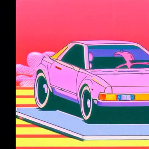 Image similar to girl driver her car in sunset, sprite, vaporwave nostalgia, directed by beat takeshi, visual novel cg, 8 0 s anime vibe, kimagure orange road, maison ikkoku, initial d, sketch by osamu tezuka, directed by hideki anno