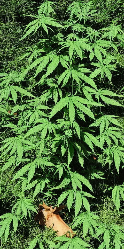 Image similar to giant marihuana plant with cows sleeping in it's shade