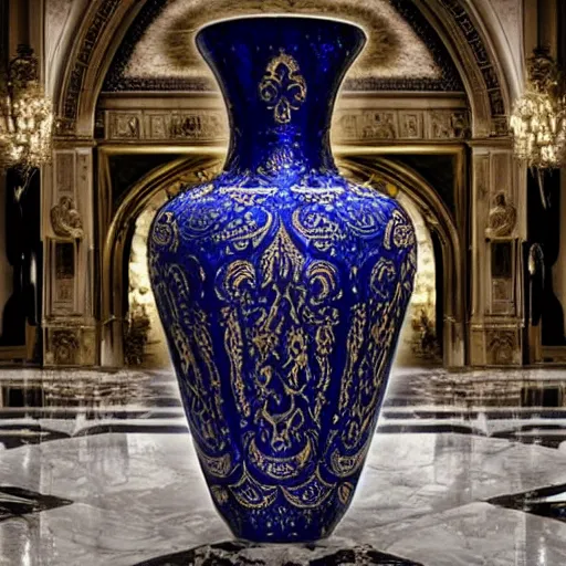 Prompt: An ornate baroque vase breaking on the marble tile floor, exploding into dust, dark-blue light-blue gold silver white black beige, volumetric dust rays, intricate detail, ultra realistic, cinematic lighting, moody, wet, shiny,