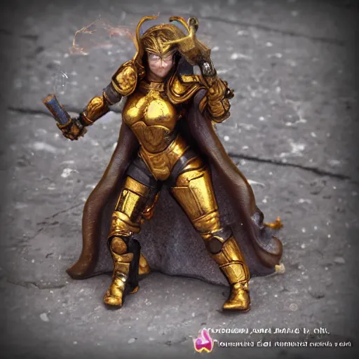 Prompt: 80mm resin detailed miniature of a heavily armored woman, fantasy, Product Introduction, golden armor, wielding a flaming warhammer, 4K