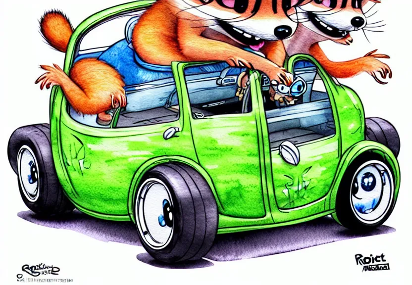 Image similar to cute and funny, racoon riding in a tiny hot rod coupe with oversized engine, ratfink style by ed roth, centered award winning watercolor pen illustration, isometric illustration by chihiro iwasaki, edited by range murata