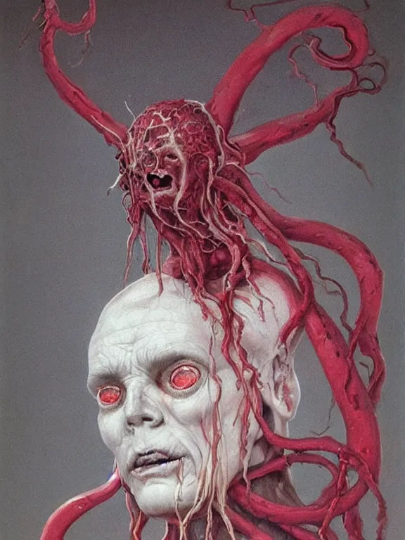 Prompt: painting by wayne barlowe of a flying sorrowful looking severed human head with tears running down it's eyes, face that is chalk white in color, with long sprawling white tentacles stemming down it's neck, fiery scorching red!!! eyes, flying in a terrying hellish dark scorching cave