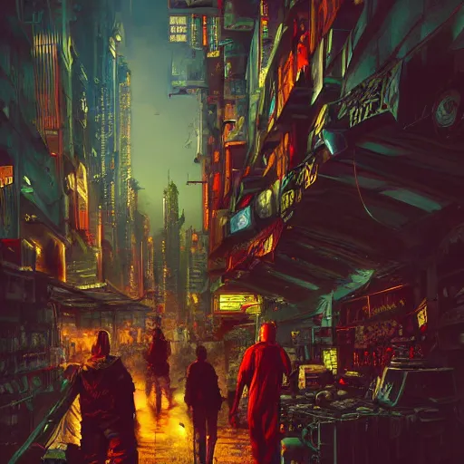 Prompt: cyberpunk city, street vendors, citizens, augmented cyborgs, robots, skyscapers, buildings, clouds, sunset, painted by seb mckinnon, high detail, digital art, trending on artstation